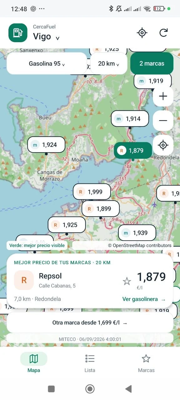 Mapa de CercaFuel mostrando precios de gasolineras cercanas