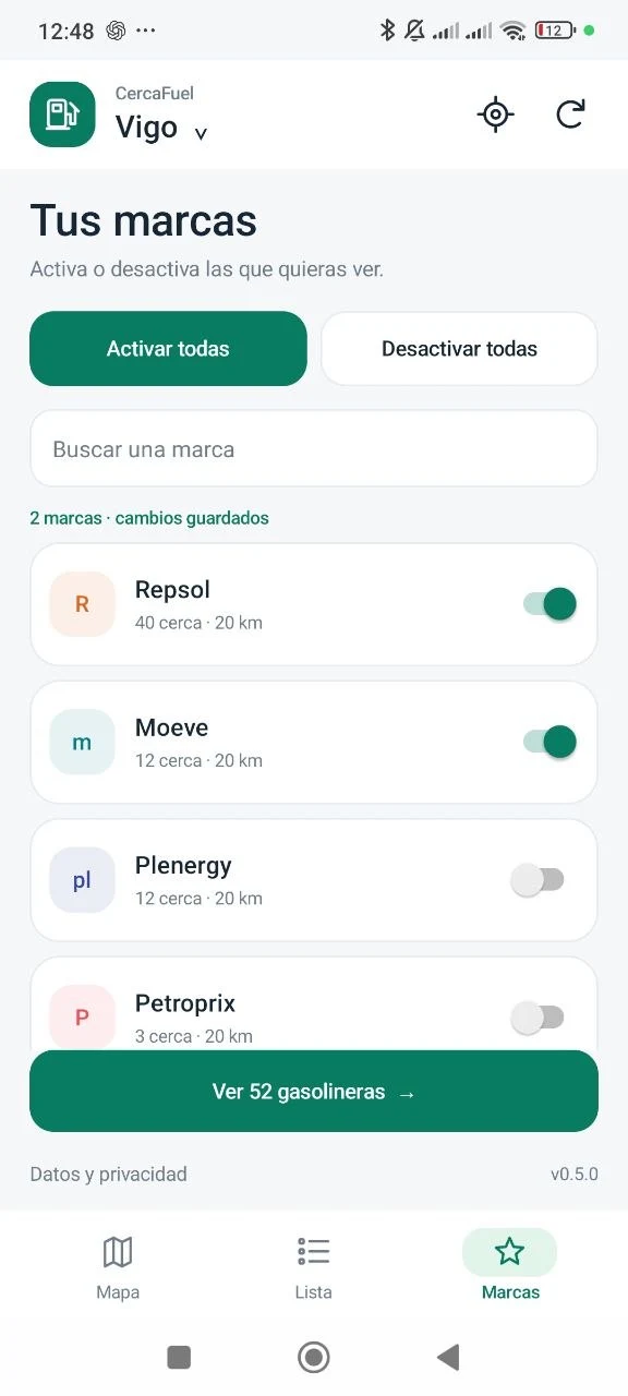 Captura de CercaFuel para activar y desactivar marcas de gasolineras